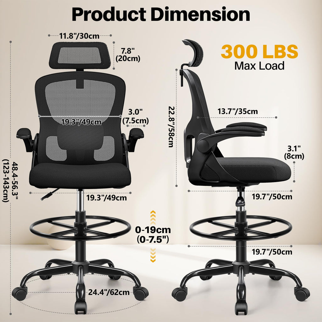 Finati Drafting Chair, Tall Office Chair for Standing Desk, Ergonomic High Back with Headrest, Lumbar Support, Foot Ring and Flip-up Armrests,