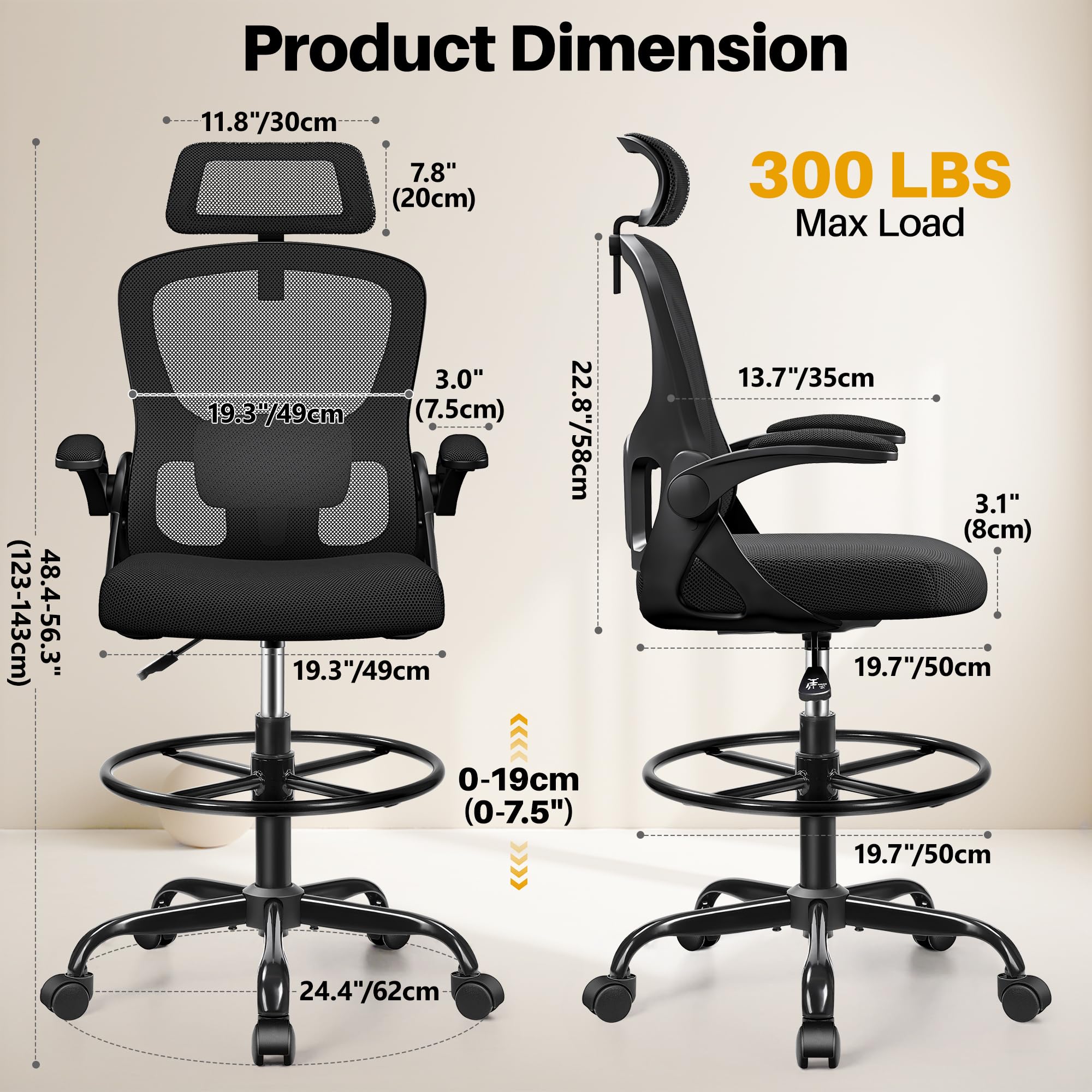 Finati Drafting Chair, Tall Office Chair for Standing Desk, Ergonomic High Back with Headrest, Lumbar Support, Foot Ring and Flip-up Armrests,