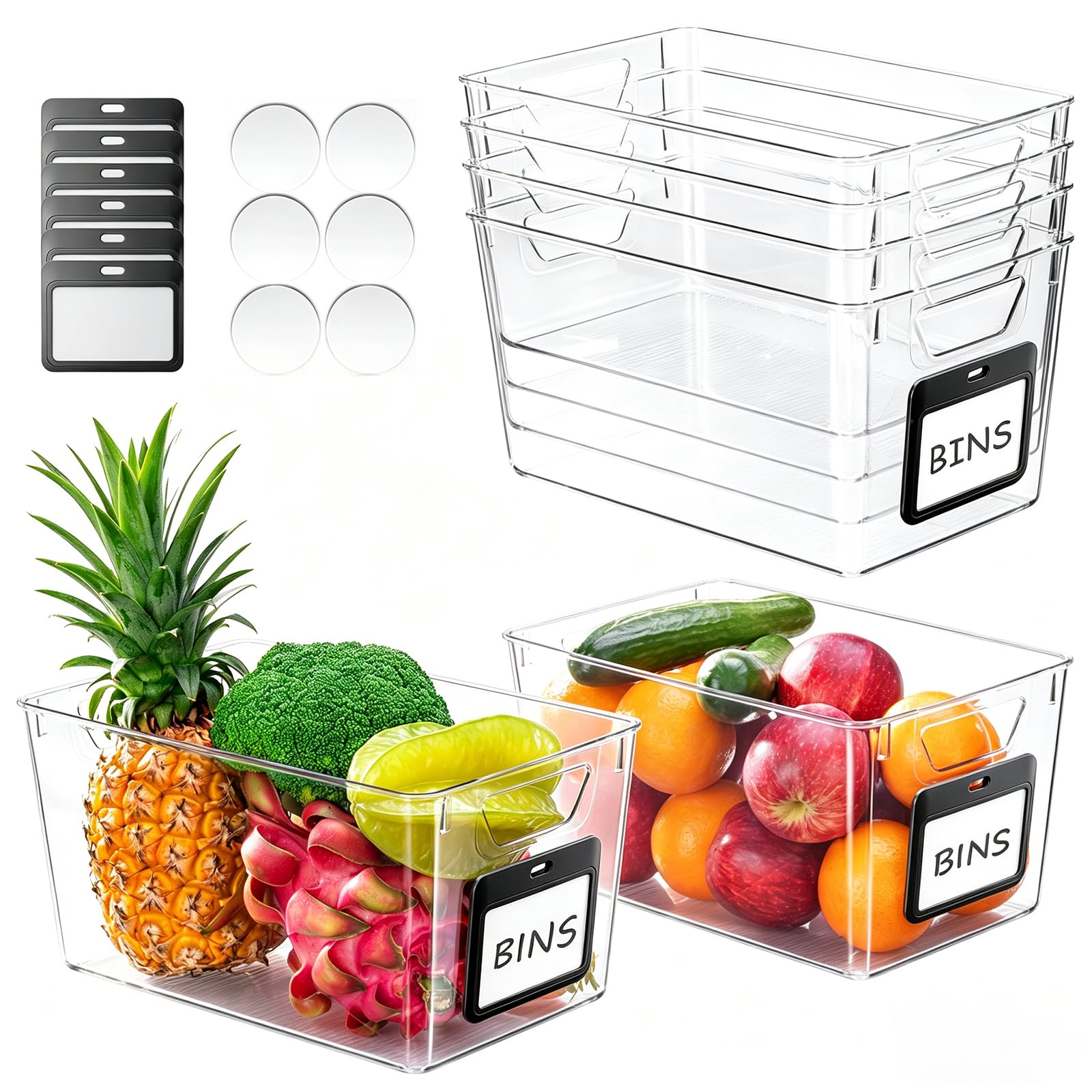 iCASA Clear Organizer Bins - 6 Pack Plastic Pantry Organizers & Storage Containers with Handles & Labels, Home Organization Must Haves for Kitchen, Under Sink, Cabinet Fridge, Bathroom, Shelf, Laundry