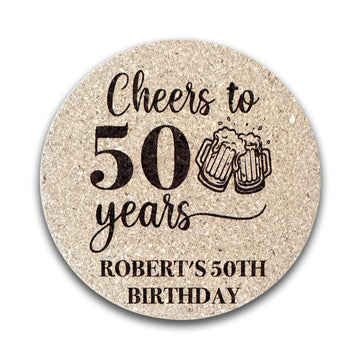 Generic Set Of 30-100 Personalized Brown Round Cork Coasters | Engraved Cheers Birthday Coasters | Customized Birthday Party Favors | CC111