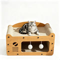 Cat Scratcher House, 2-in-1 Cardboard Cat House with Hanging Plush Balls, Durable Cardboard Cat Scratching Pad for Grinding Claws Napping Playing, Sturdy Indoor Cat Furniture-Walnut Wood TV