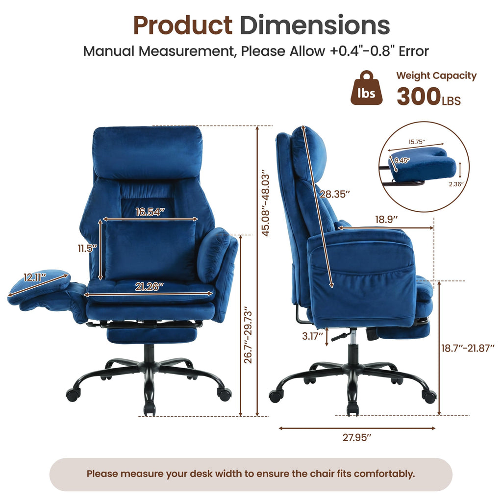 Fivewillowise Big and Tall Executive Office Chair with Foot Rest,reclining, 32"W*28"D*48"H, Velvet Blue