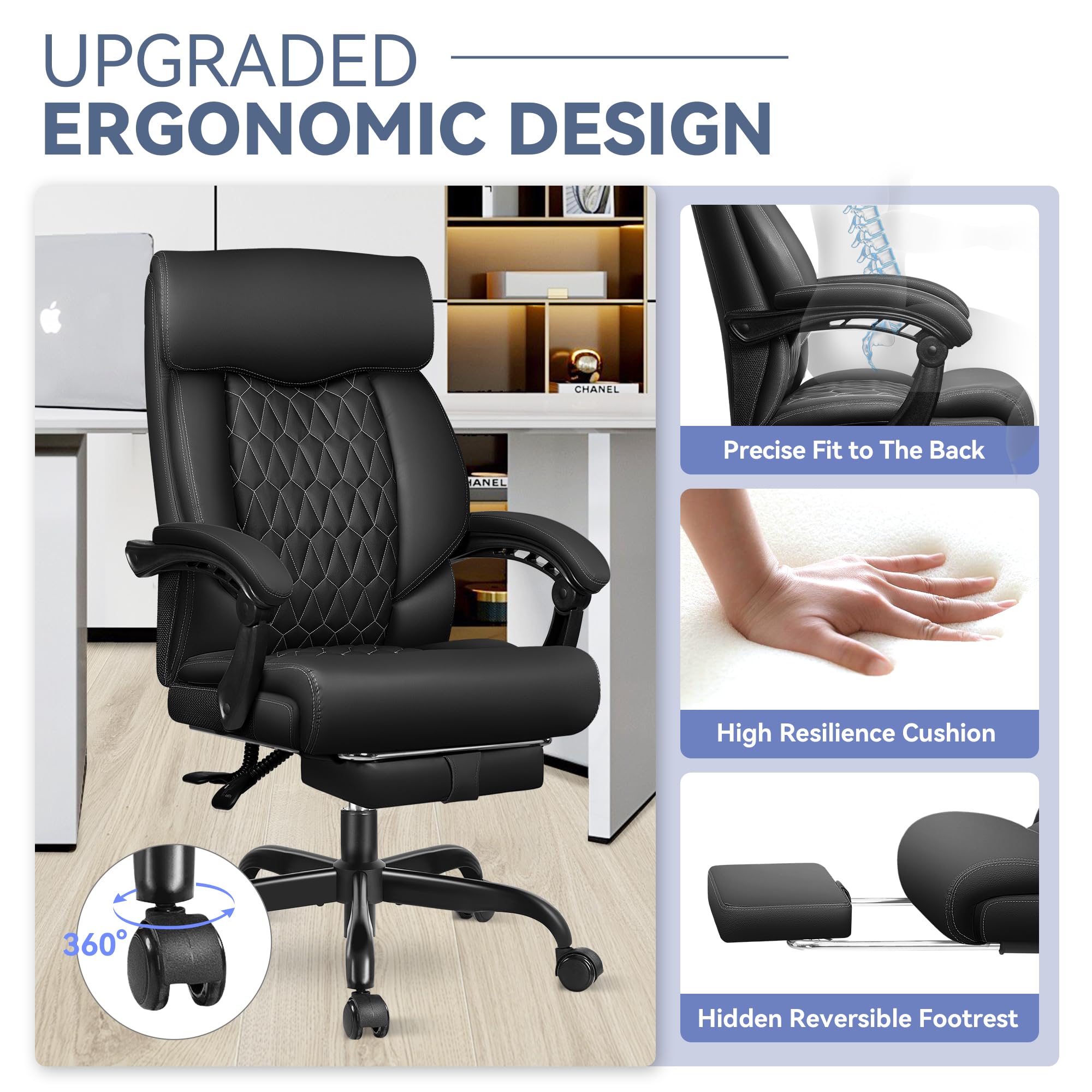 Office Chair, Big and Tall Office Desk Chair, Reclining Office Chair with Footrest Home Office Desk Chairs, High Back Ergonomic with Lumbar