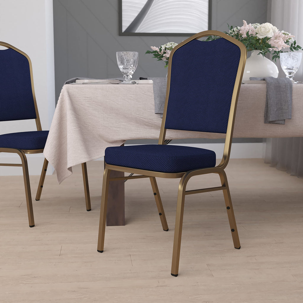 Flash Furniture Hercules Crown Back Stackable Banquet Chair, Navy Blue, Set of 1, Navy Blue Patterned Fabric/gold Frame