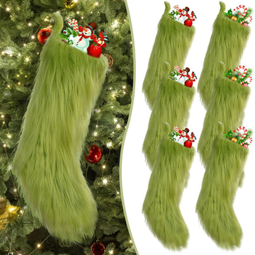 Cunno 6 Pack 18 Inch Green Christmas Stocking Faux Fur Xmas Stockings Hanging Christmas Gift Treat Bag Candy Pouch Holder for Fireplace Gift Present Xmas Tree Decoration