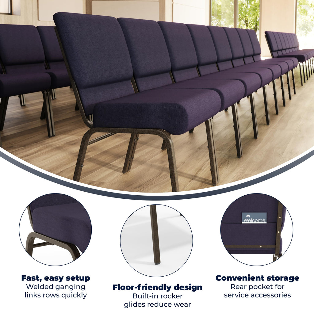 Flash Furniture Hercules Series 21''w Stacking Church Chair in Royal Purple Fabric - Gold Vein Frame, Set of 1, Royal Purple Fabric/gold Vein