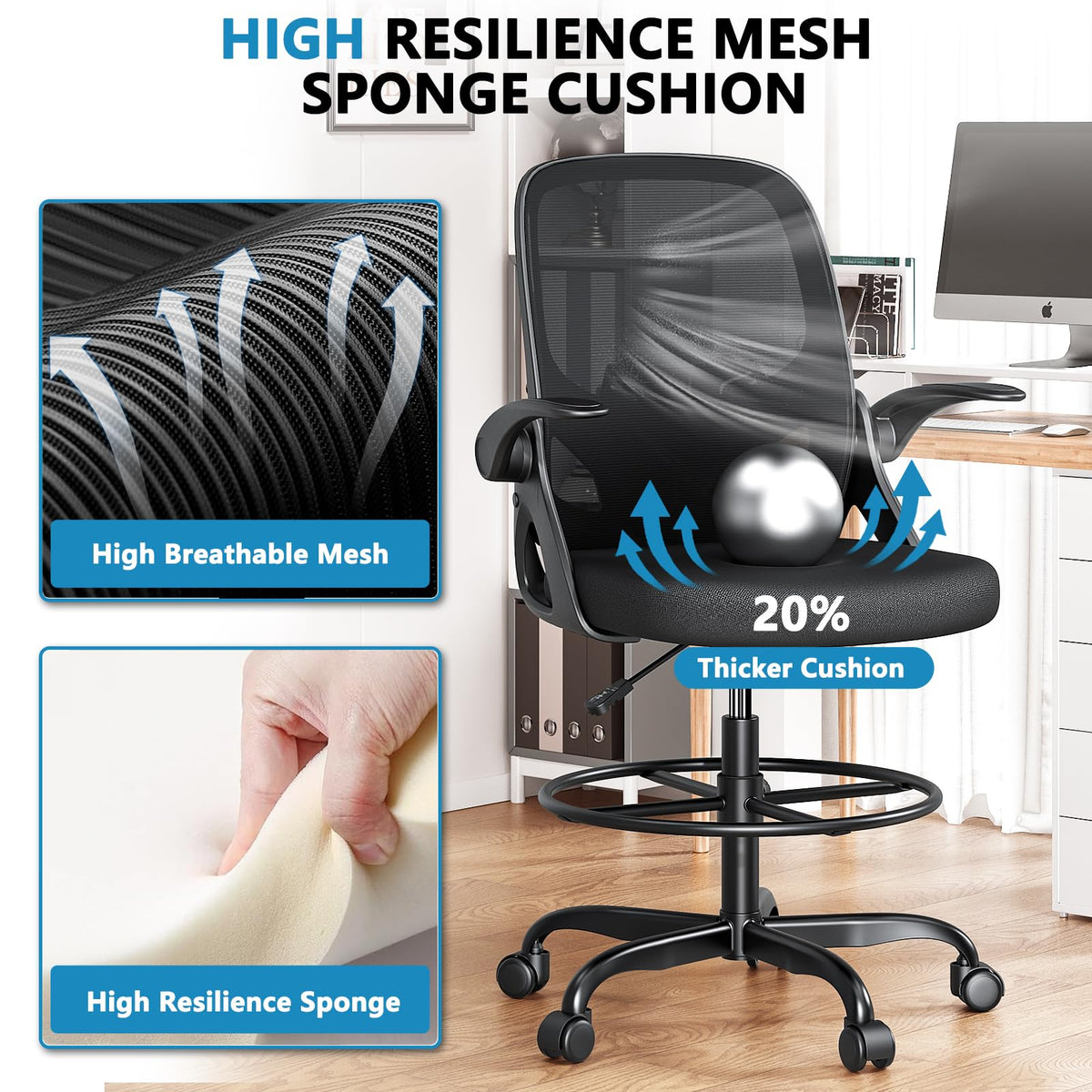 Kensaker Home Desk Chair with Back Supportive Lumbar Support, Breathable Double Mesh Cushion Home Desk Office Chair with Flip Up Arms, Modern