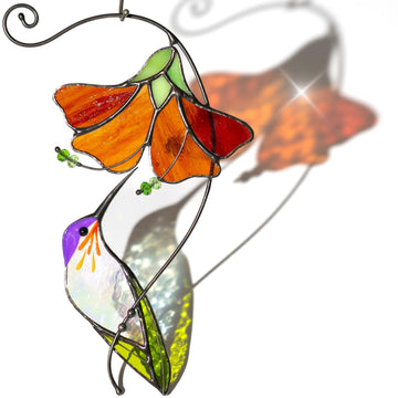 Multicolor Hummingbird Handmade Stained Glass Suncatcher Window Hibiscus