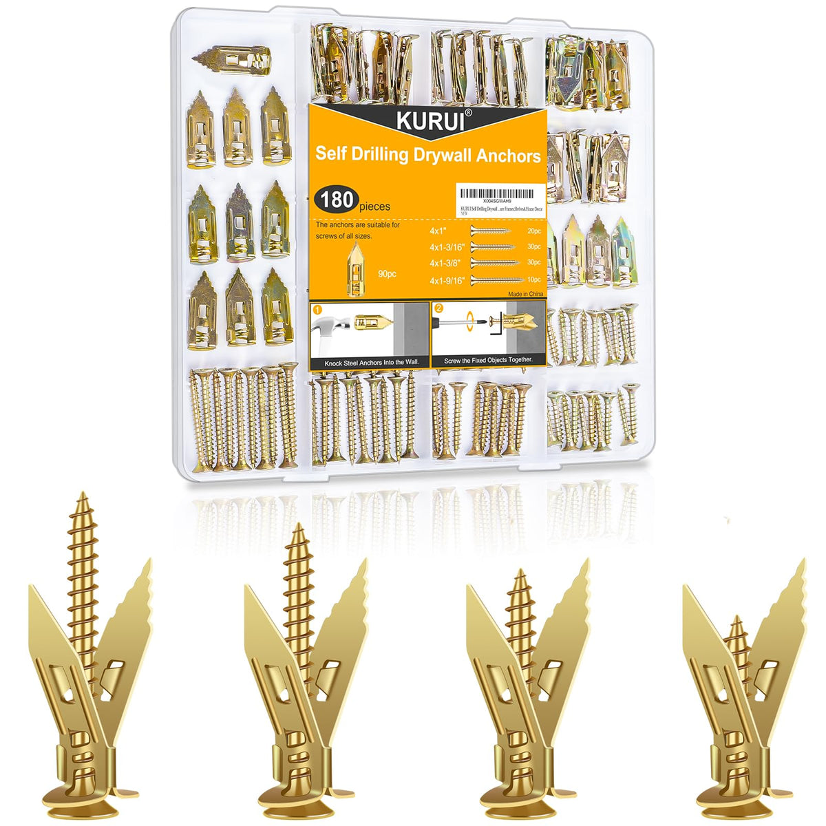 KURUI 180Pcs Self Drilling Drywall Anchors with Screws Kit, Fixion Tools Metal & Heavy Duty Grip for Wall, Sheetrock, Expansion Assorted Sizes for Picture Frames, Shelves &Home Decor