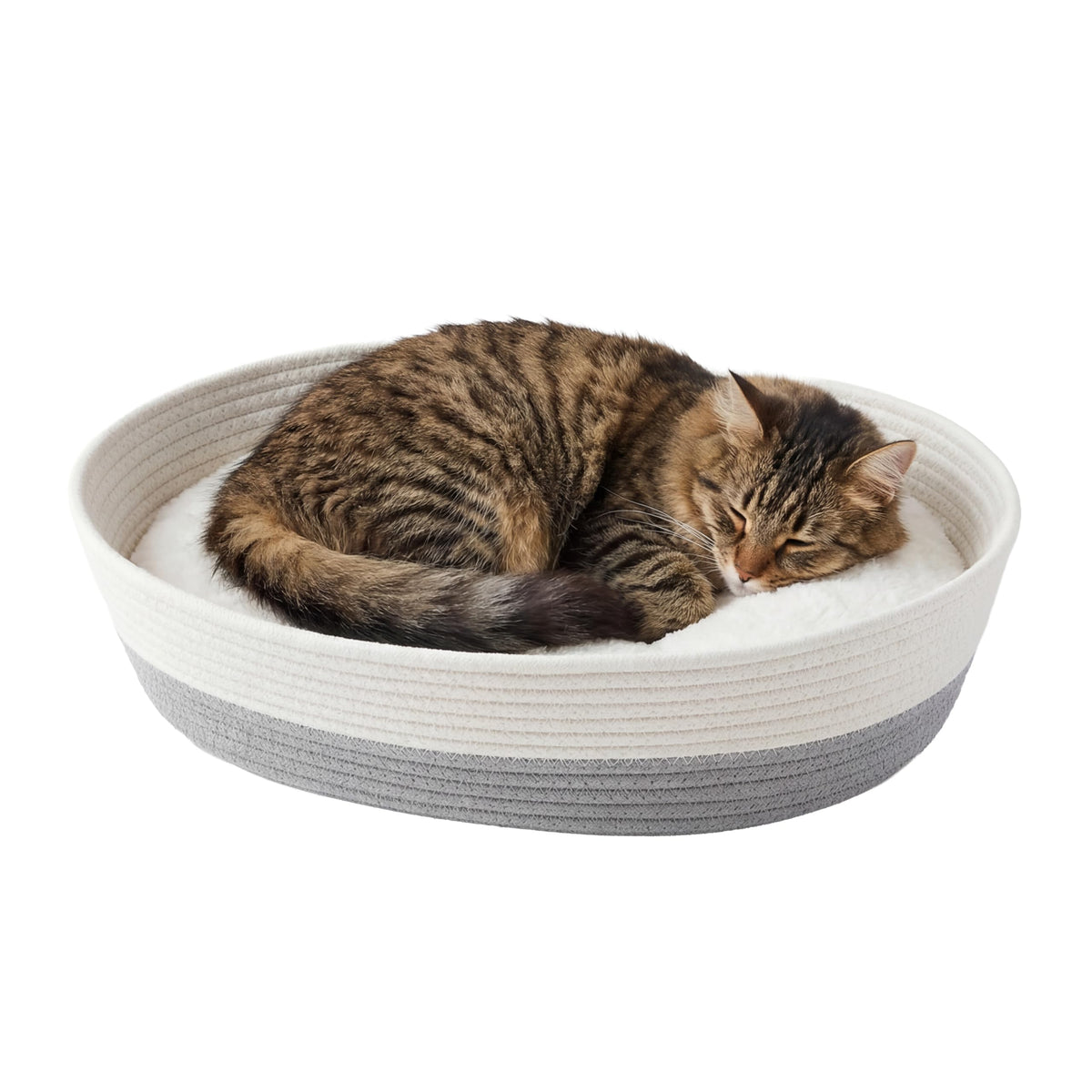Kitty City Woven Cat Bed with Removable Washable Cushion, Cozy Braided Rope Indoor Cat Bed with Natural Catnip, Warm Round Cat Bed for Small to Medium Cats, 14” x 19" - White/Grey