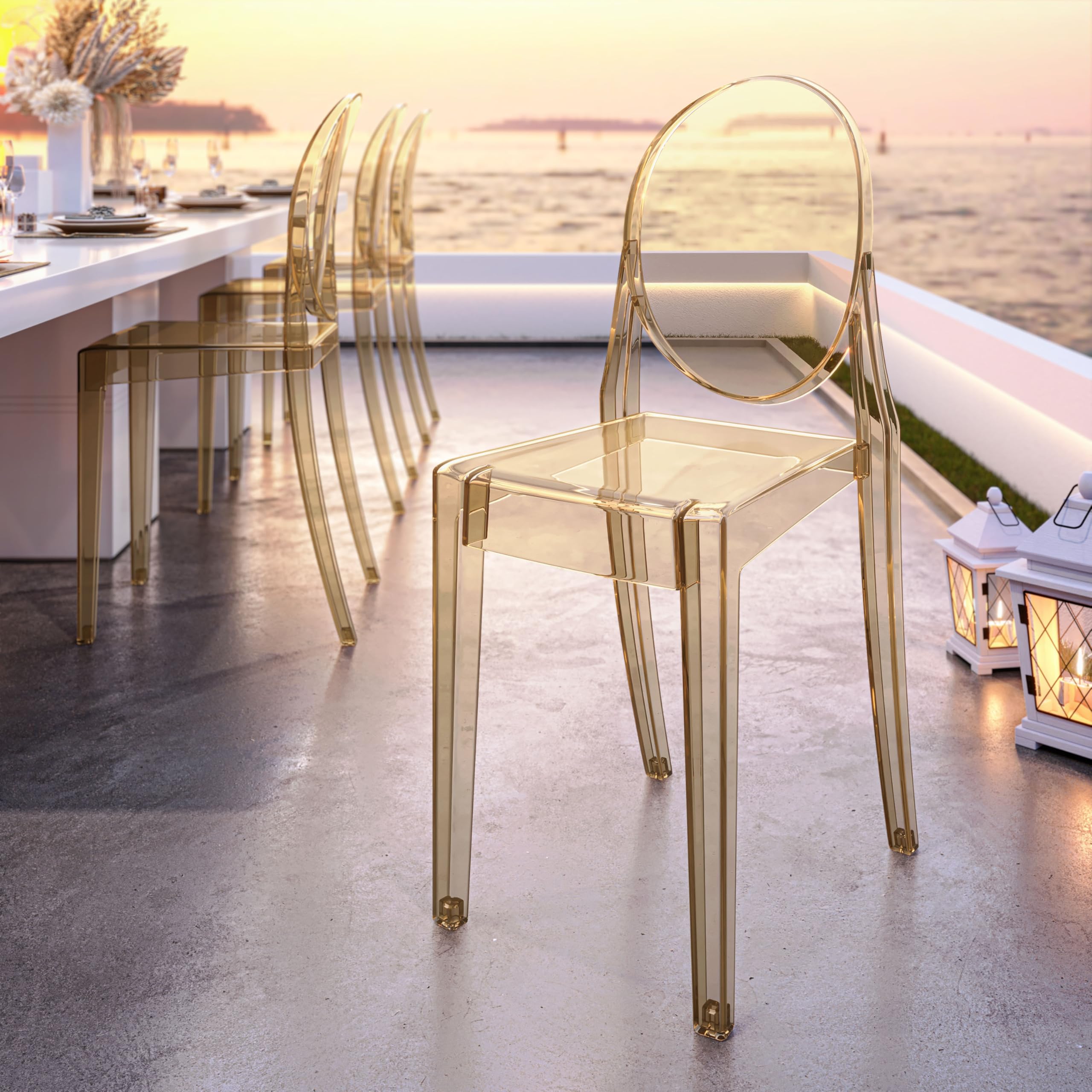 Techni Home Ghost Chairs, Stackable Acrylic Event Chairs, Set of 4, Amber, 14.5" W x 20" D x 35.5" H