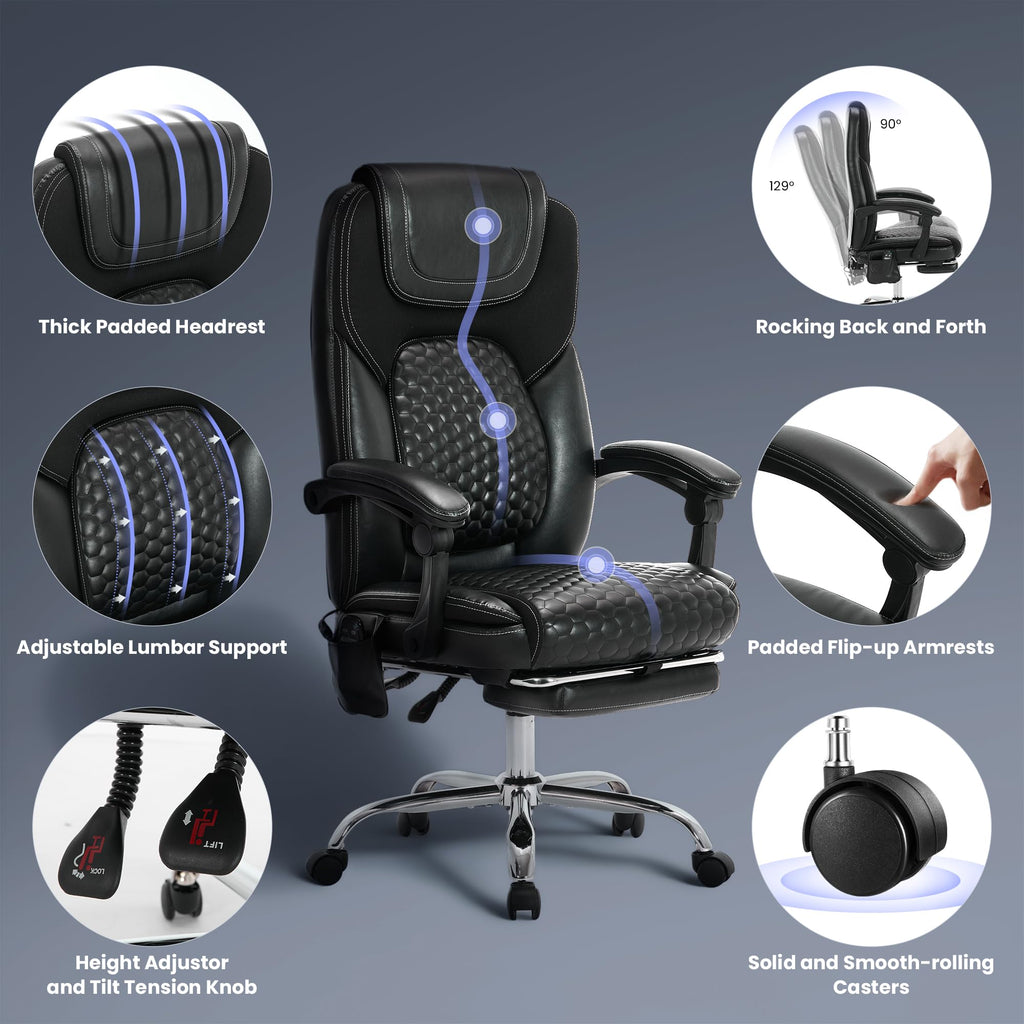 Malol Massage Office Chair with Heat and Footrest - 3-level 65°c Targeted Heating, 20-min Assembly Leather Desk Chair, Big and Tall Executive