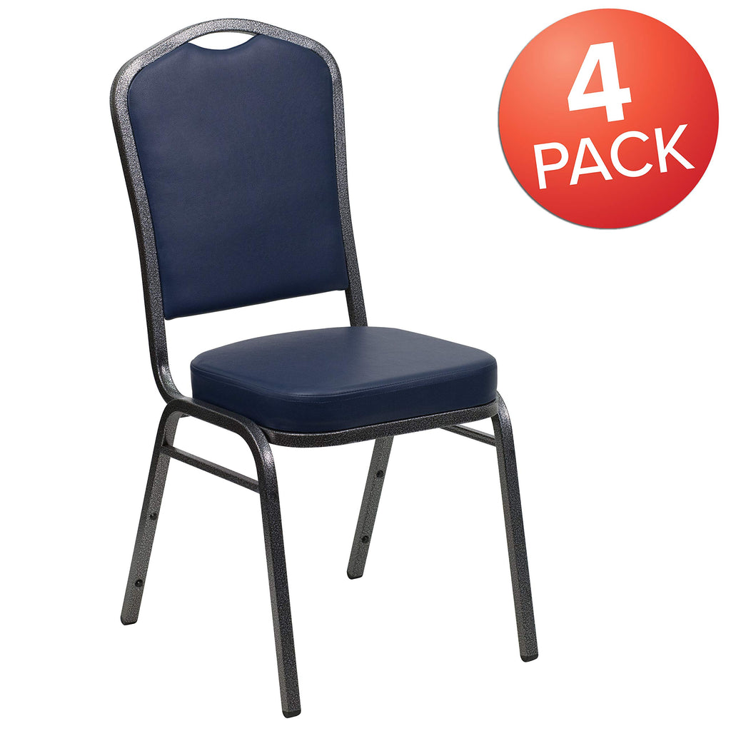 Flash Furniture Hercules Crown Back Stackable Banquet Chair, Silver, 4-pack, Set of 4, Navy Vinyl/silver Vein Frame