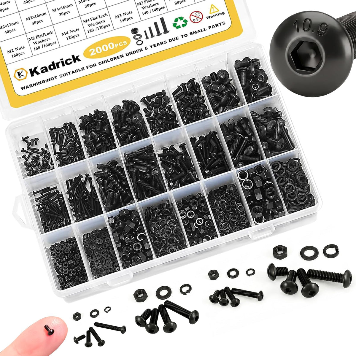 Kadrick Metric Screw Assortment, 2000PCS Metric Bolt Assortment Kit M2 M3 M4 M5 Machine Screws with Lock & Flat Washers, Grade 10.9 Alloy Steel Hex Socket Button Head Black Screws Nuts and Bolts Kit