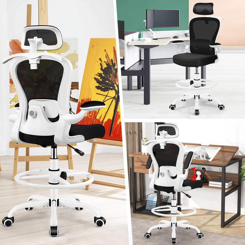 Athope Drafting Chair, Tall Office Chair with 3d Lumbar & Head Support, 18.9" x 19.7" x 50.4", White