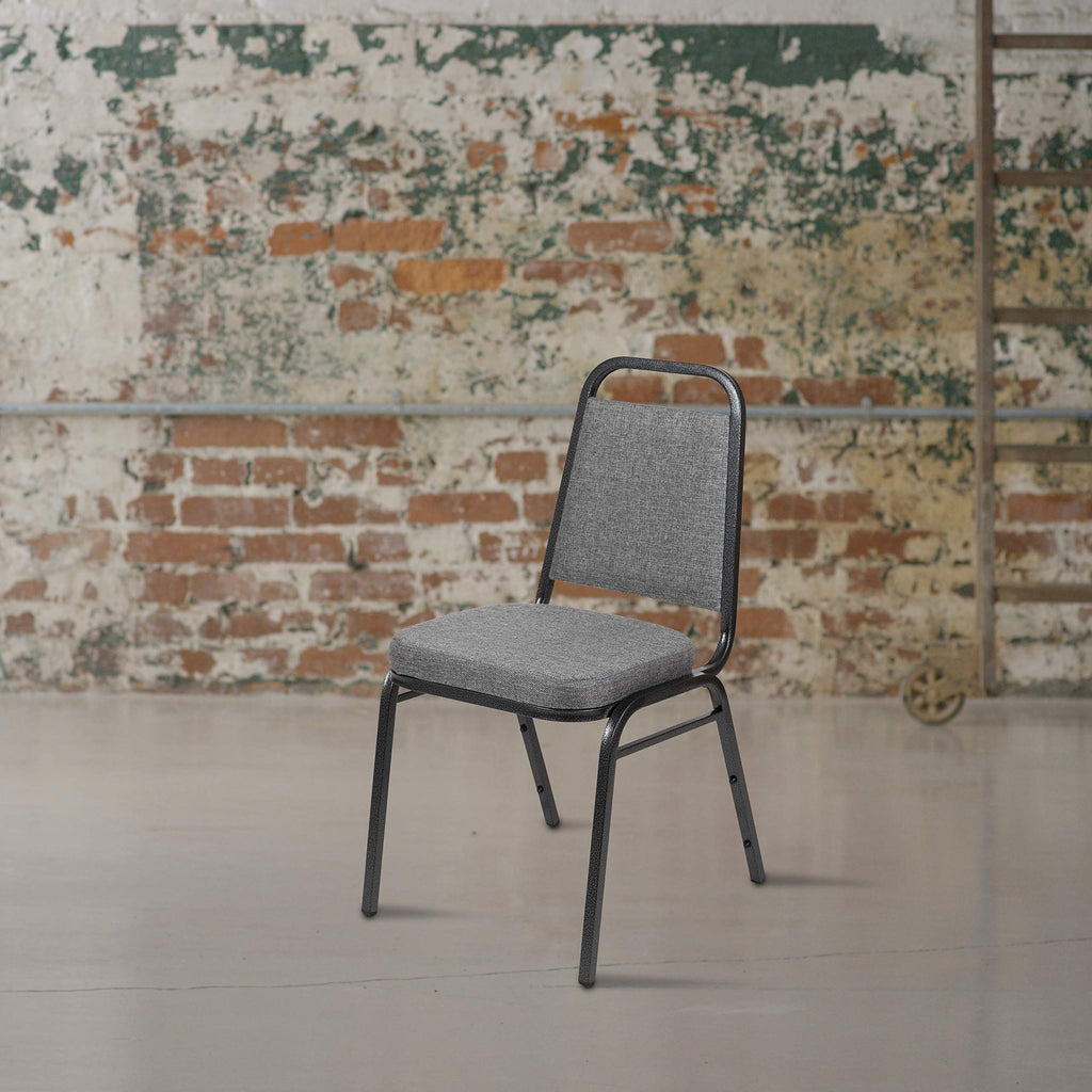 Emma + Oliver Gray Fabric Trapezoidal Back Stacking Banquet Chair, 17.5"W x 20.25"D x 36"H, Gray Fabric/silver Vein Frame
