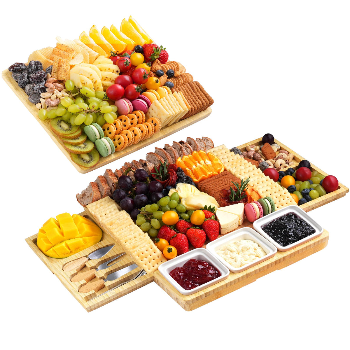 Large Charcuterie Board Set with Knife Set, 12.6" × 11.2" Square Fruit Tray, Bamboo Cheese Platter (Double-Drawer), Great for Group Gatherings, House Warming Gifts New Home, Birthday Gifts for Women