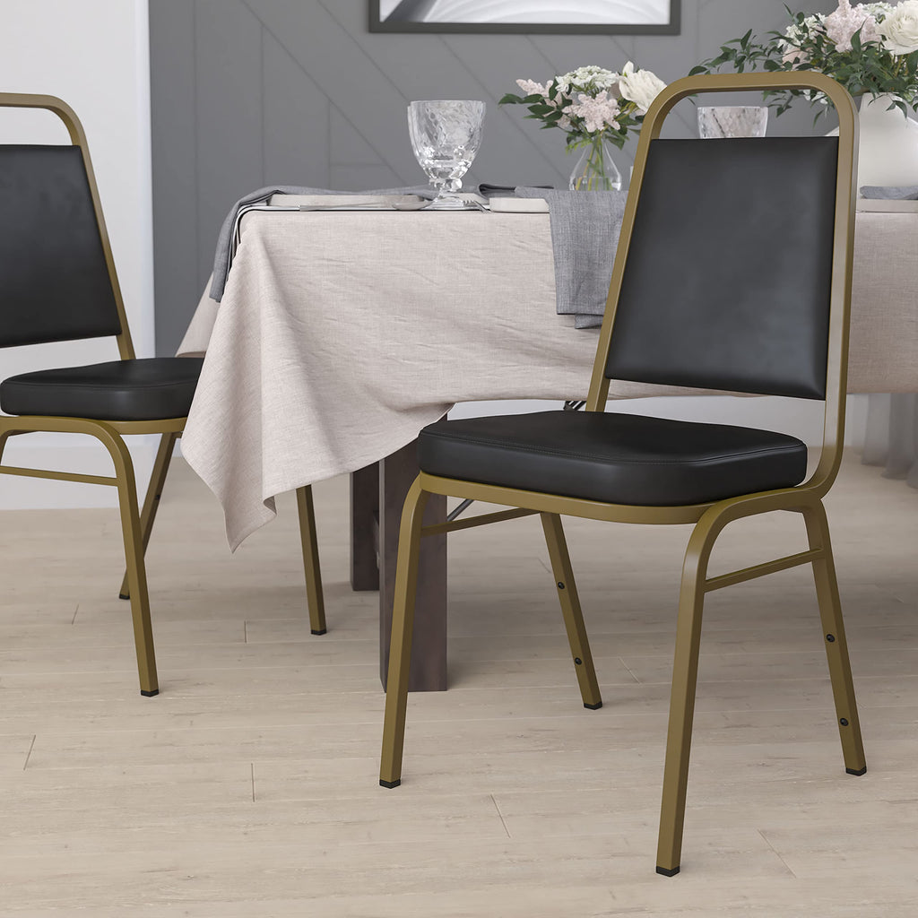 Flash Furniture Hercules Trapezoidal Back Stackable Banquet Chair, Black, Set of 1, Black Vinyl/gold Frame