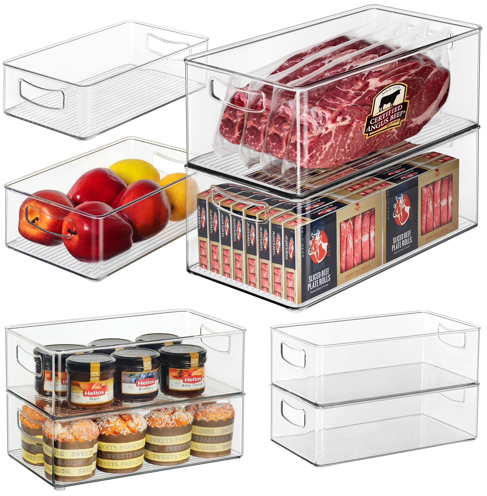 Hudgan 8 Pack Freezer Organizer Bins,Stackable,Clear Bins for Fridge,Pantry | Straight Side, 3 Sizes, 2 XL Storage Container, 3 Large Cabinet Organizer, 3 Medium Storage Drawer