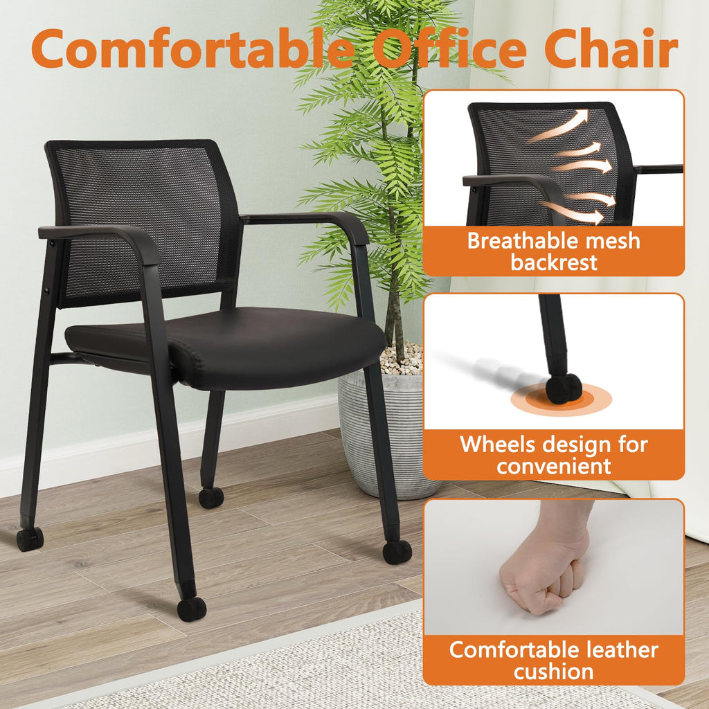 Clatina Stacking Office Chair with Wheels, Mesh Back Waiting Room Guest Chairs with Arms Comfortable Leather Cushion Stackable Desk Chair for
