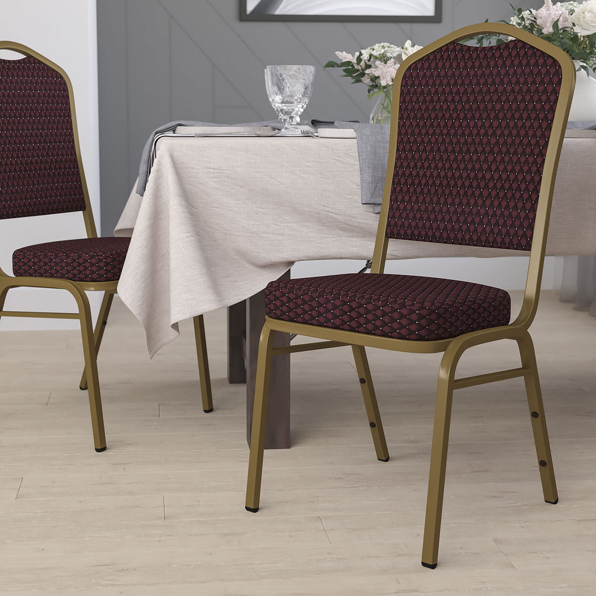 Flash Furniture Hercules Crown Back Stackable Banquet Chair, Burgundy, Set of 1, Burgundy Patterned Fabric/gold Frame