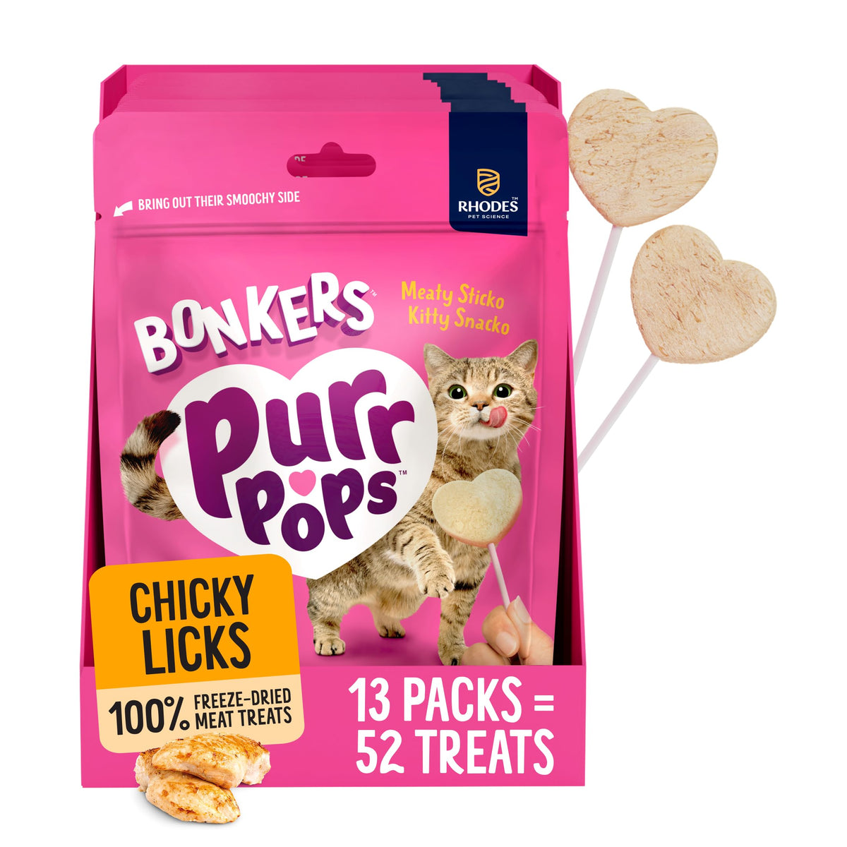Bonkers Purrpops Freeze-Dried Chicken Flavored Lollipop Treats for Cats, 4 Pieces (Pack of 13)