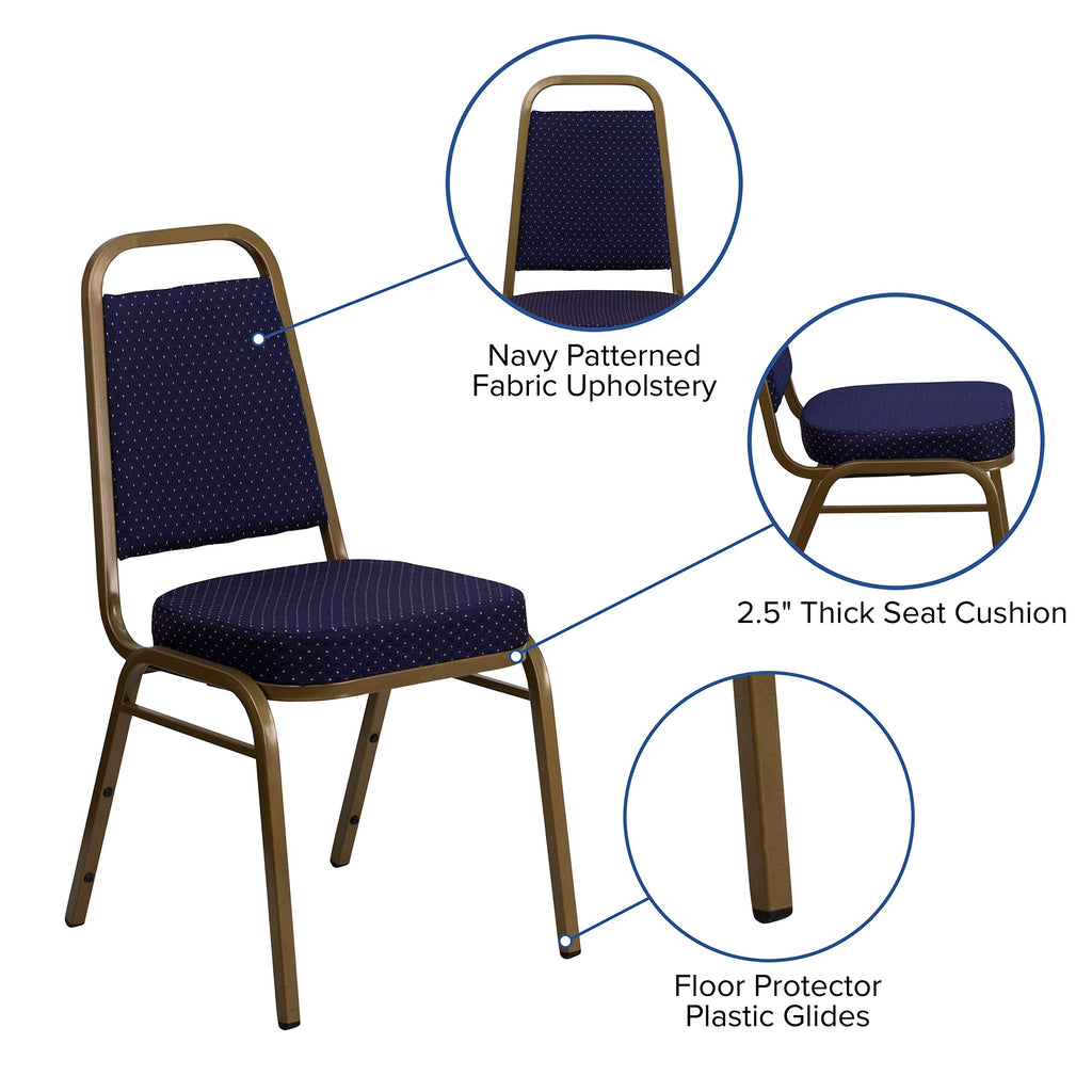 Emma + Oliver Navy Patterned Trapezoidal Back Stacking Banquet Chair, 17.5"W x 20.25"D x 36"H, Navy Patterned Fabric/gold Frame