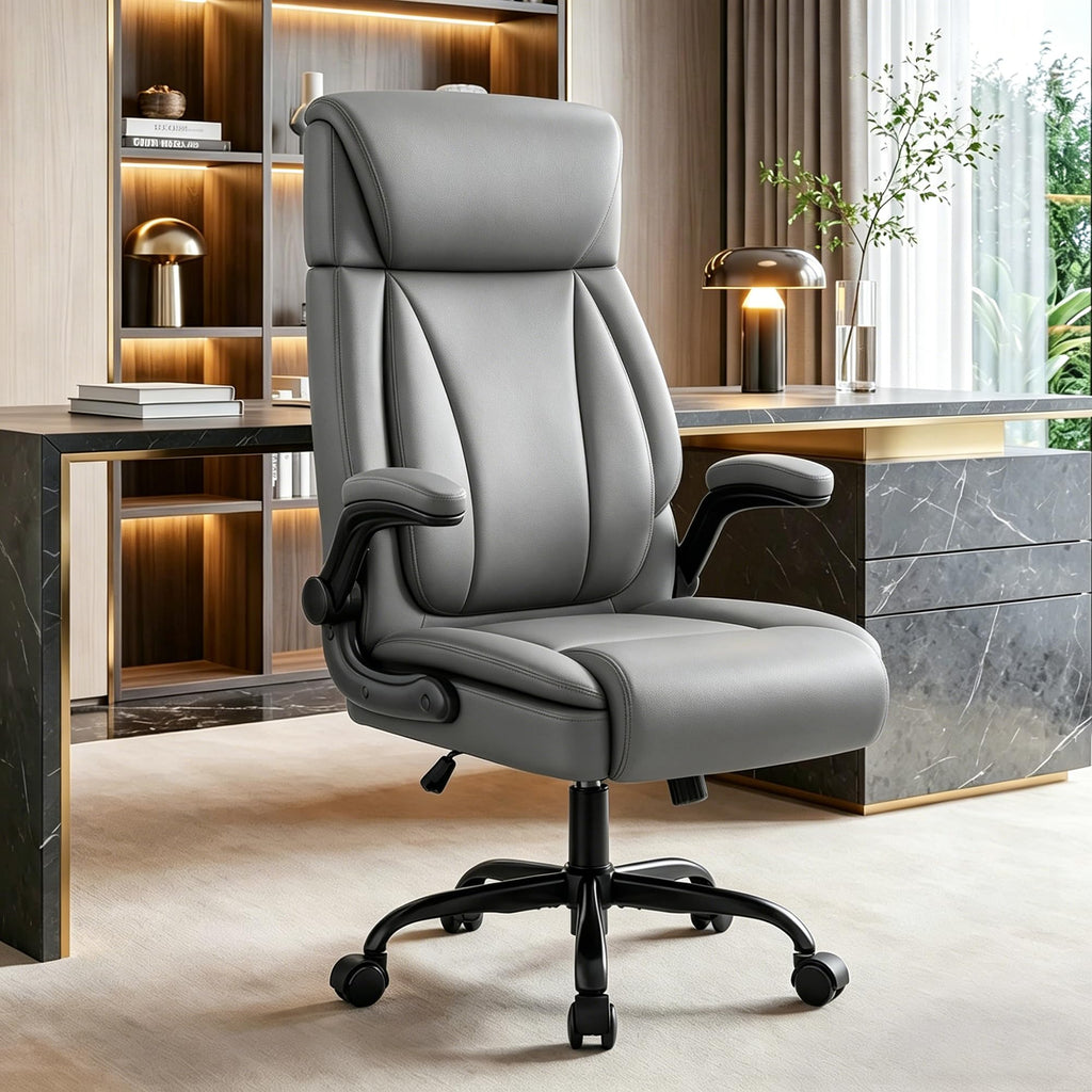 Bestglory Ergonomic Office Chair, Pu Leather Executive Desk Chair with Adjustable Headrest, Flip-up Arms and Lumbar Support, High Back Computer
