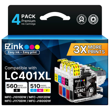 E-Z Ink LC401XL Ink Cartridges for Brother Printer Compatible Replacement for Brother LC401 Ink Cartridges LC401 XL LC401XL LC 401 to use with MFC-J1010DW MFC-J1170DW MFC-J1012DW DCP-J1800DW (4 Pack)
