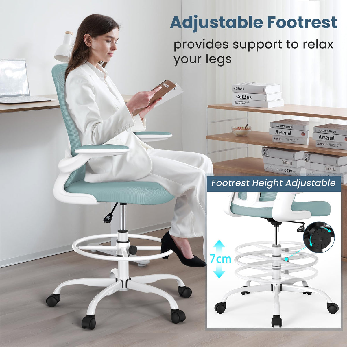 Drafting Chair, Tall Office Chair with Flip-up Armrests Executive Ergonomic Computer Standing Desk Chair, Office Drafting Chair with Lumbar