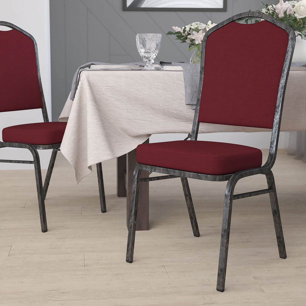 Flash Furniture Hercules Crown Back Stackable Banquet Chair, Burgundy, Set of 1, Burgundy Fabric/silver Vein Frame