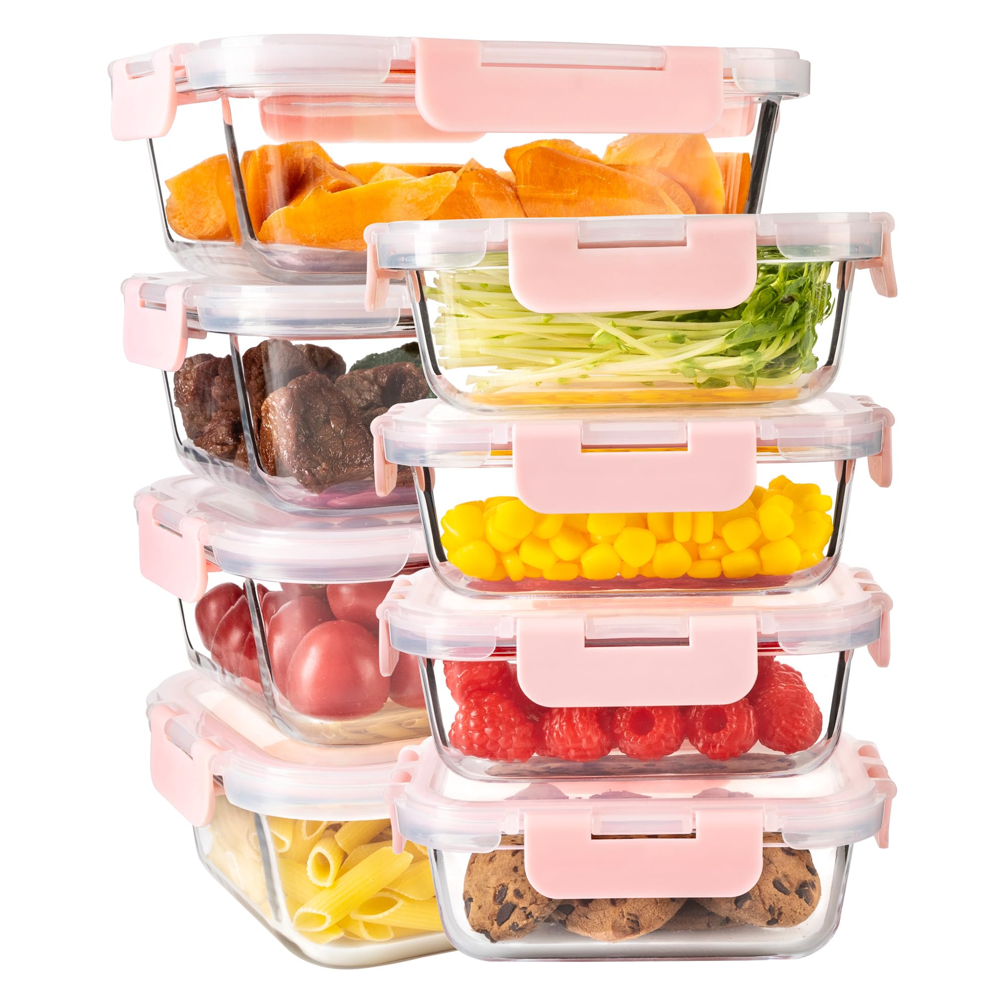 16PCS (8 Bowls + 8 Lids) High Borosilicate Glass Meal Prep Containers, Food Storage Containers with Airtight Lids, Glass Lunch Bento Boxes,Dishwasher Safe, pink
