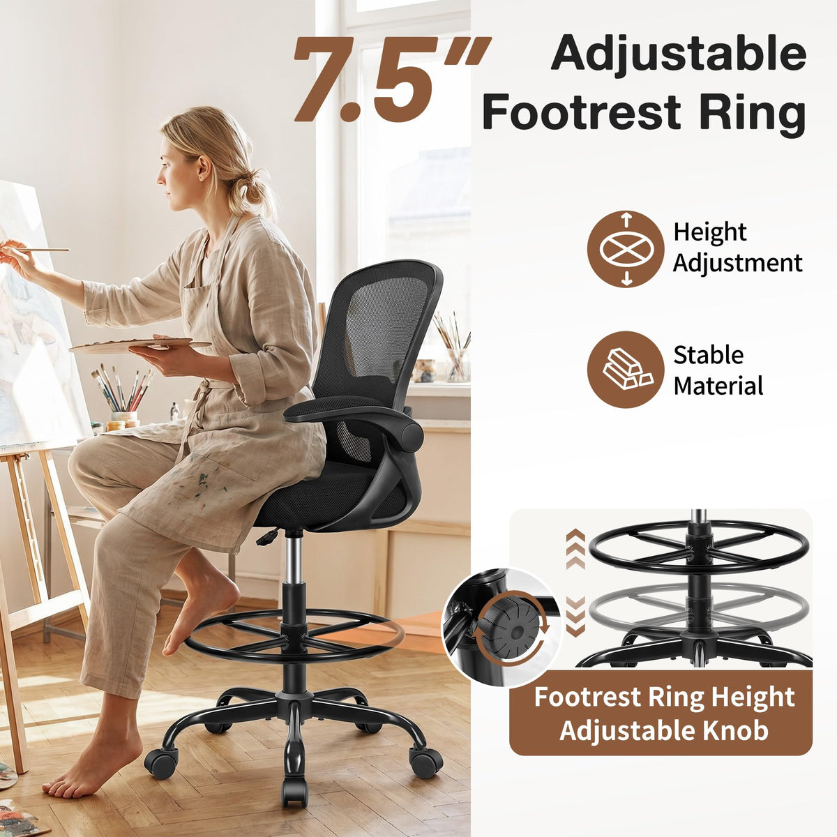 Finati Drafting Chair, Tall Office Chair for Standing Desk with Flip-up Armrests, Adjustable Foot Ring & Lumbar Support, Breathable Mesh High