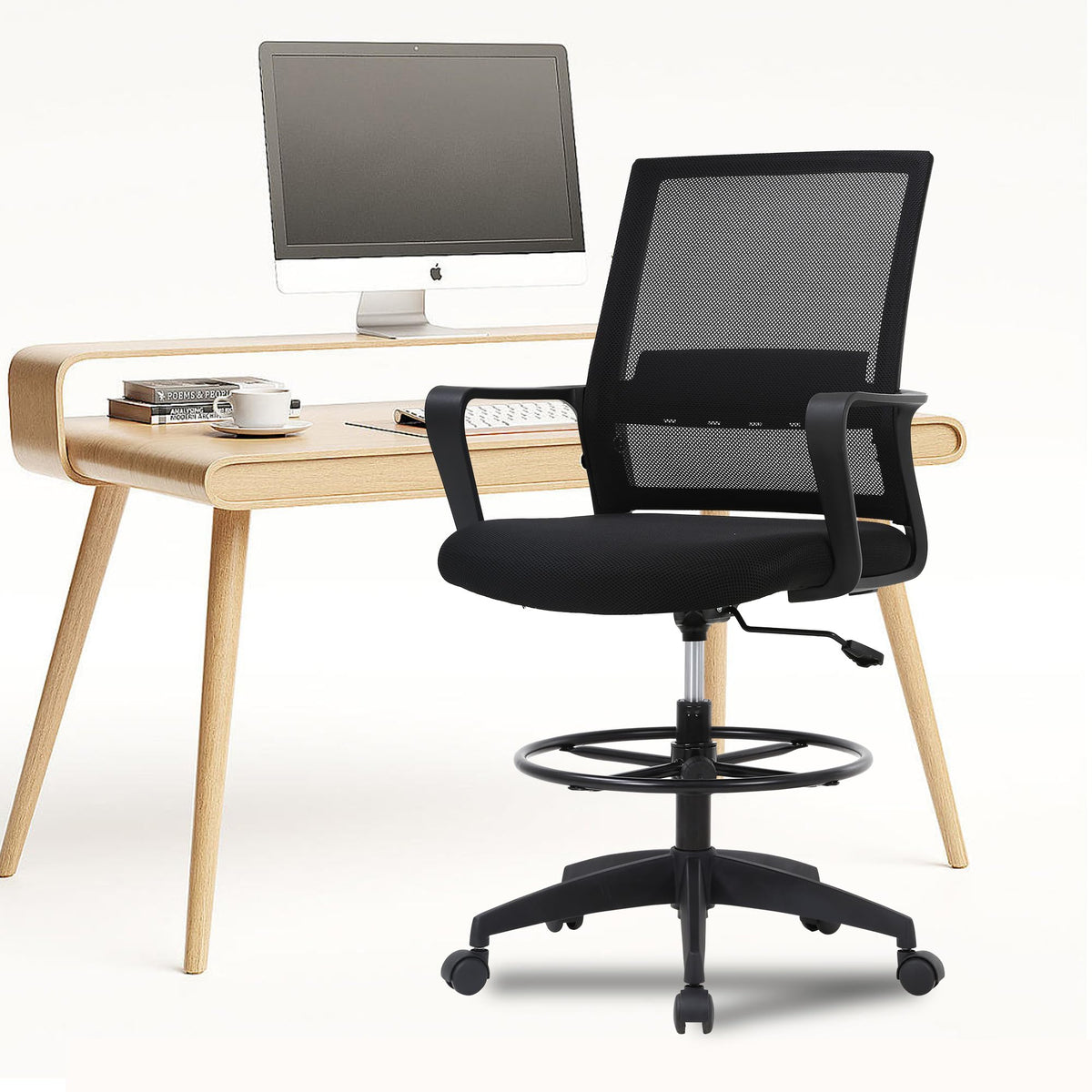 Paylesshere | Tall Drafting Chair | Black | with Lumbar Support, 18 inches x 19 inches x 47 inches