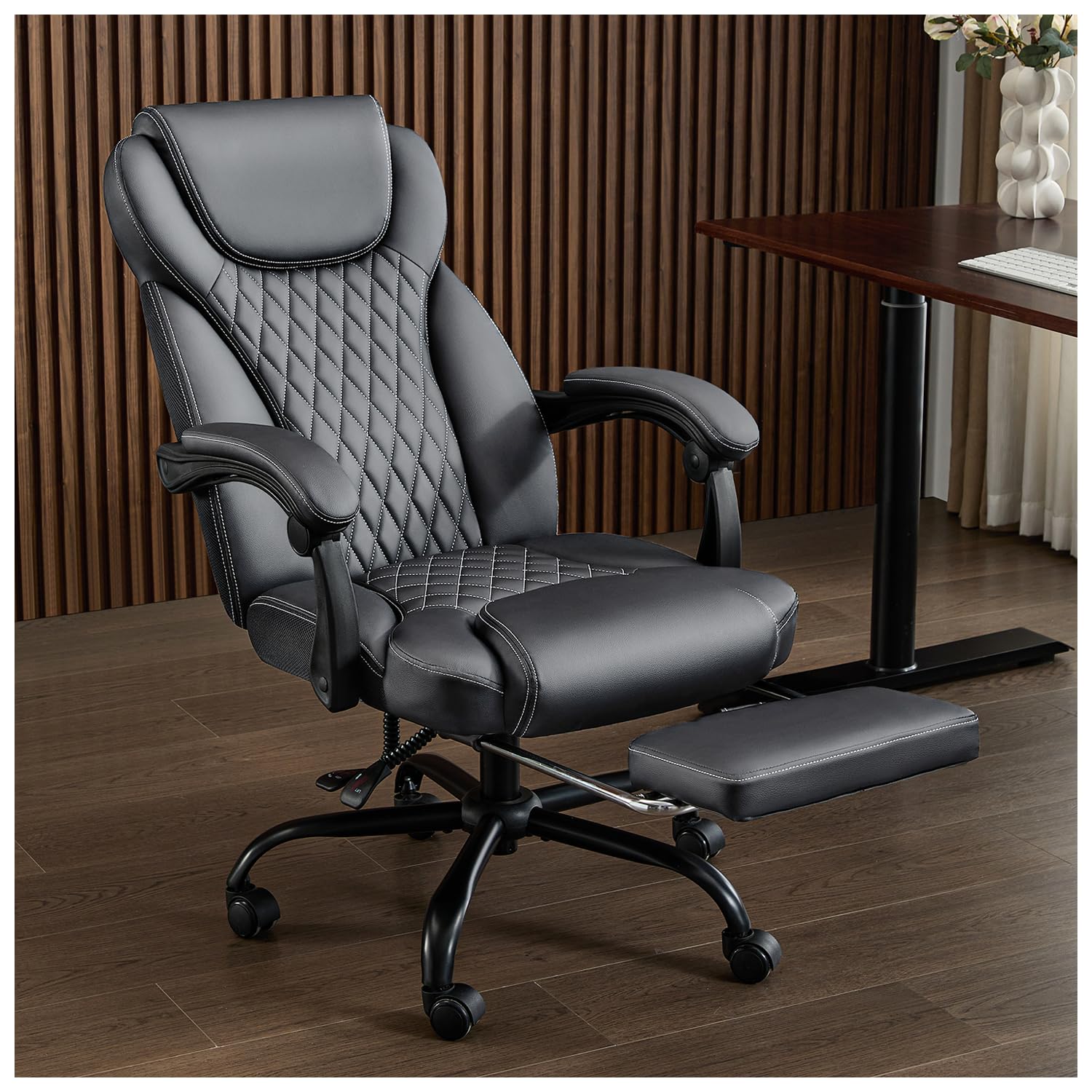 Amseatec Big and Tall Office Chair with Footrest, Lumbar Support, Grey, Oversized