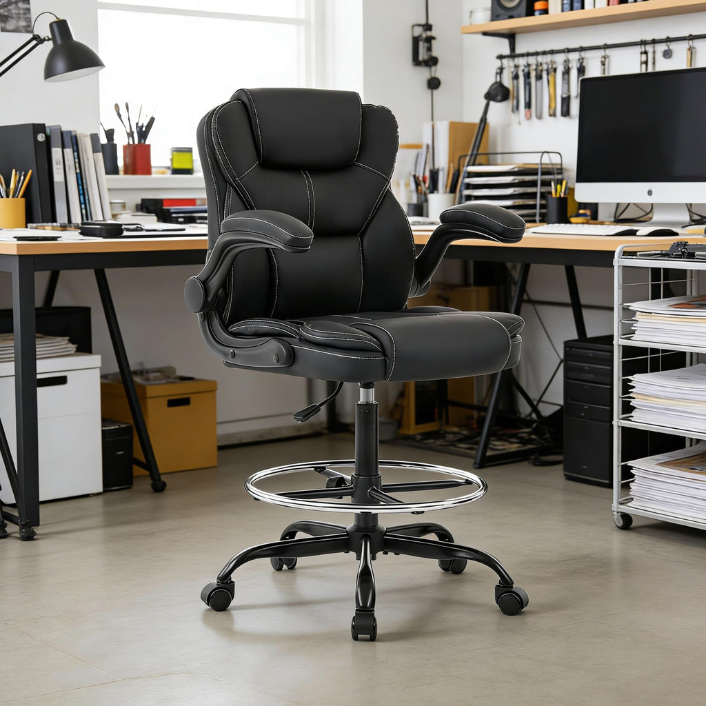 Drafting Chair Tall Office Chair for Standing Desk, 500lbs Heavy Duty Executive Chair with Flip-up Arms, 3d Contoured Leather Desk Chair with