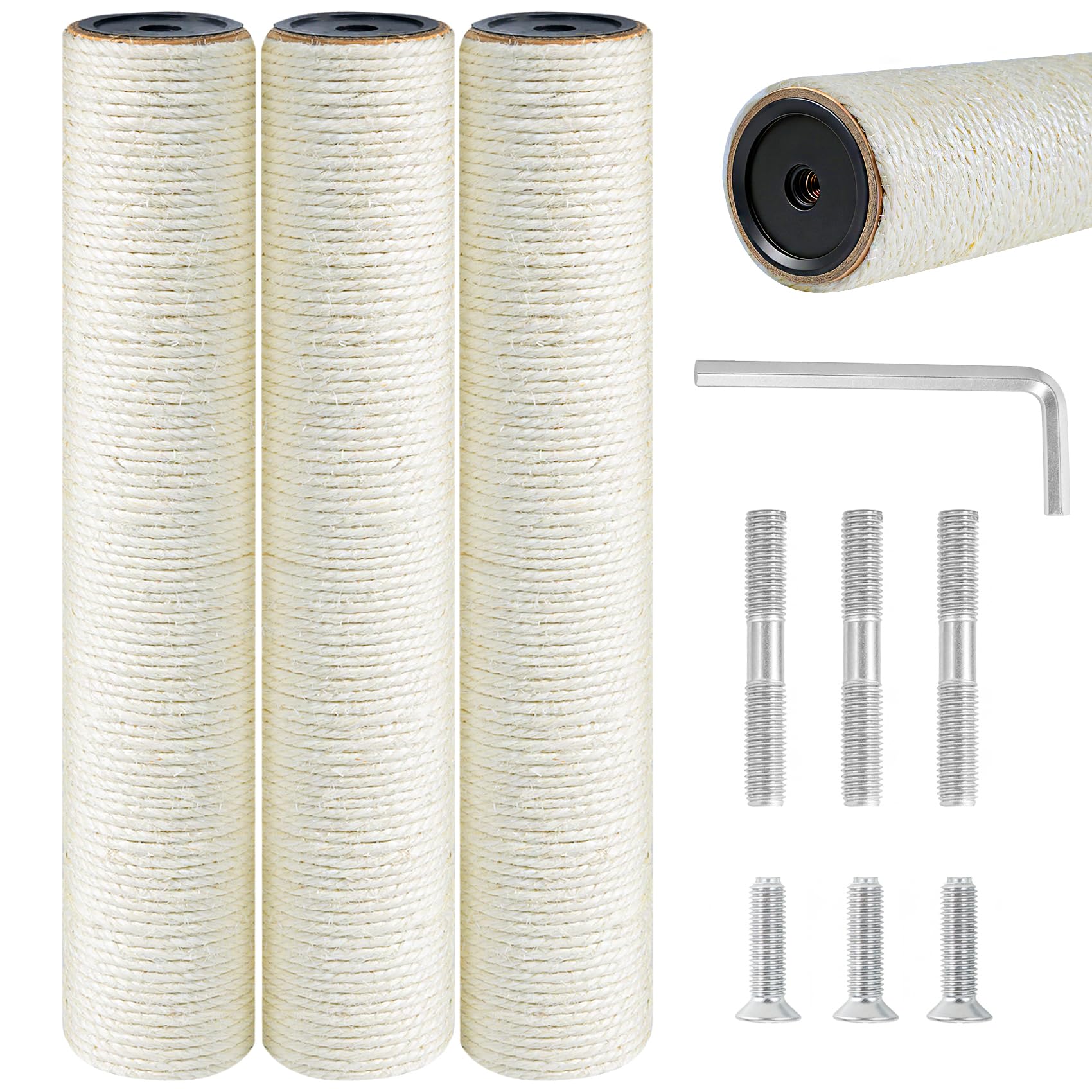 SYANDLVY Cat Scratching Post Replacement, 3PCS M8 Cat Tree Tower Parts with Screws, 15.7 x 3.1 Inch Natural Sisal Rope Wrapped Durable Pole for Cat Tower, Scratcher Posts Repair & DIY Cat Furniture