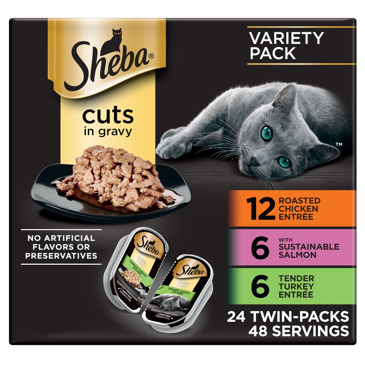 Sheba Perfect Portions Wet Cat Food Cuts in Gravy, Cat Food Wet Recipe, Roasted Chicken Entree, with Sustainable Salmon, Tender Turkey Entree, 2.6 oz. Twin-Pack Trays (24 Count, 48 Servings)