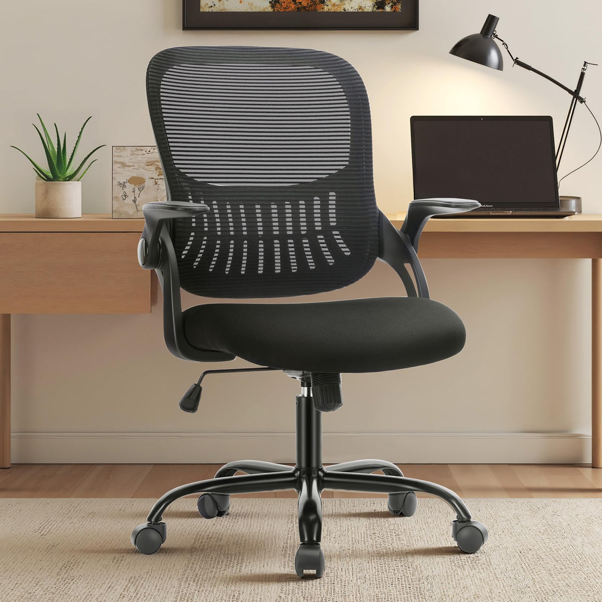 Sweetcrispy Executive Home Office Chair, Mesh Office Chair, Black, 18.5"D&Flip-up Arms-Plus