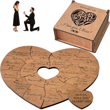 Personalized Proposal Puzzle - Hidden Will You Marry Me Surprise in Gift Box - Wooden Heart Puzzle with Engraved Why I Love You Reasons, 10/18/28 Pieces