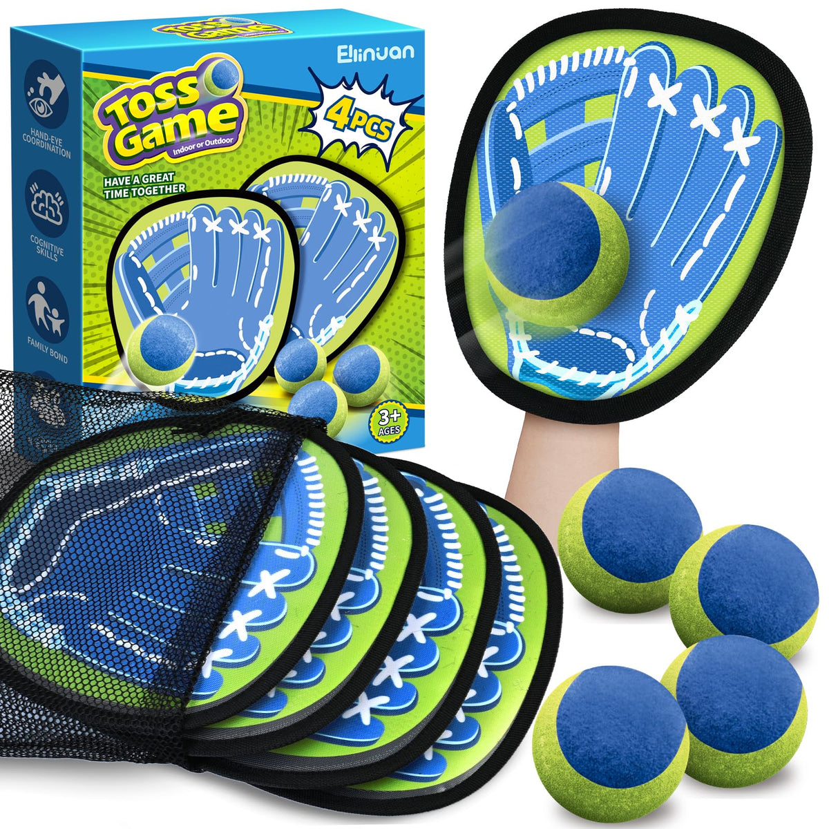 Ellinjan 4 Packs Catch Ball Game Set, Baseball Training Glove, Outdoor Toys, Summer Pool Beach Yard Backyard Camping Sports Play Toy Games for Toddlers Kids Teens Adults Family Game, Fun Ideal Gifts