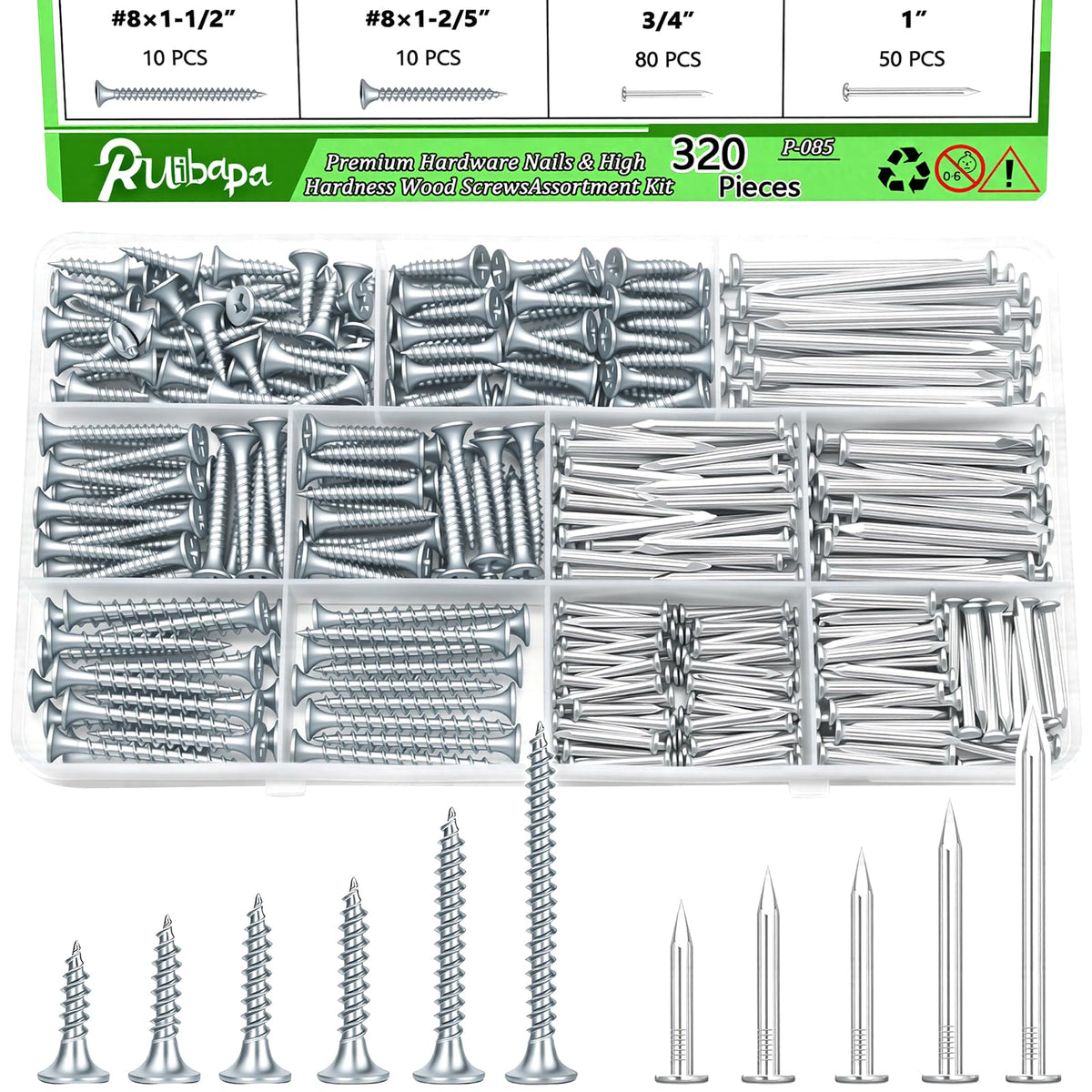 320Pcs Premium Hardware Nails & High Hardness Wood Screws Assortment Kit, 11 Sizes (1/2"-2"),Phillips Drive Flat Head, Wood Screws, Galvanized, Picture Hanging, Wood, Common Nails with Storage Box