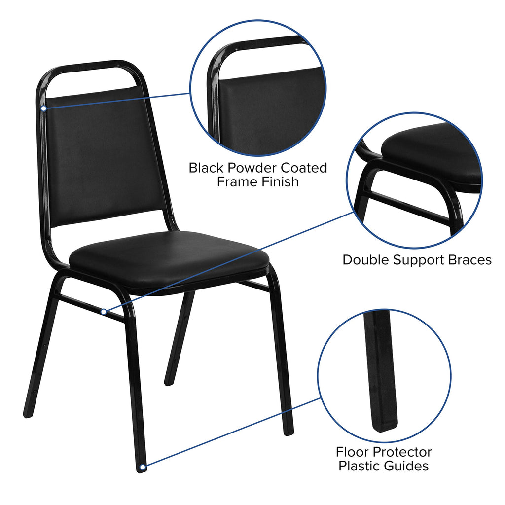 Emma + Oliver Black Vinyl Trapezoidal Back Stacking Banquet Chair, 17.5"W x 20.25"D x 34"H, Black Vinyl/black Frame