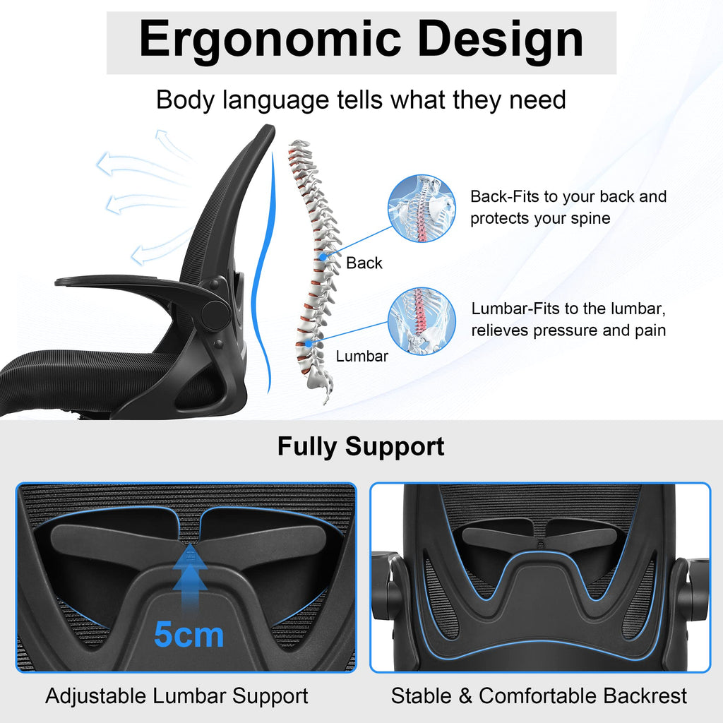 Primy Office Chair Ergonomic Desk Chair with Adjustable Lumbar Support and Height, Swivel Breathable Desk Mesh Computer Chair with Flip Up