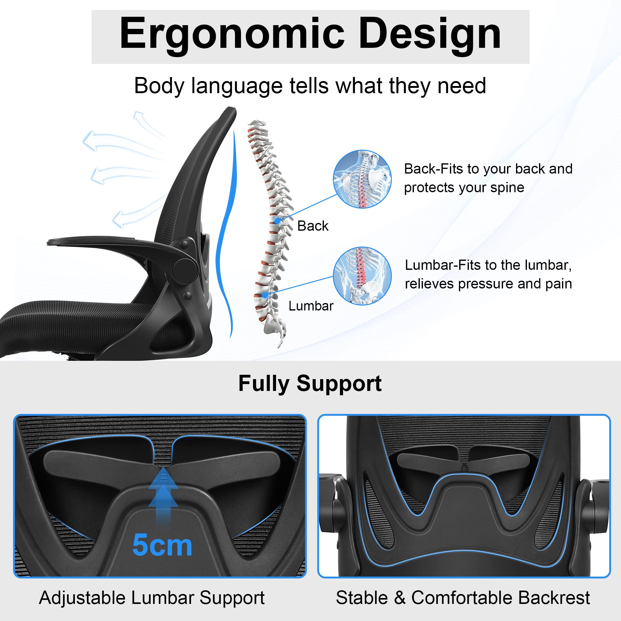 Primy Office Chair Ergonomic Desk Chair with Adjustable Lumbar Support and Height, Swivel Breathable Desk Mesh Computer Chair with Flip Up