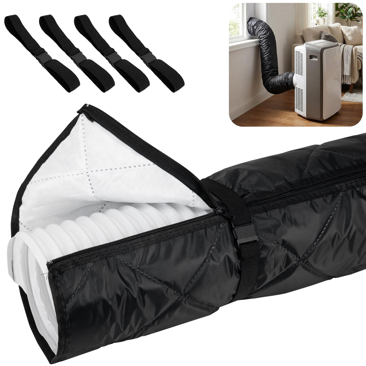 RunNico Zipper Air Conditioner Hose Cover, Quilting Hose Cover Wrap Insulation with 4 Upgraded Buckle Straps, Portable AC Pipe Sleeve for 5''-5.9" Diameter Exhaust Duct Vent (Black)