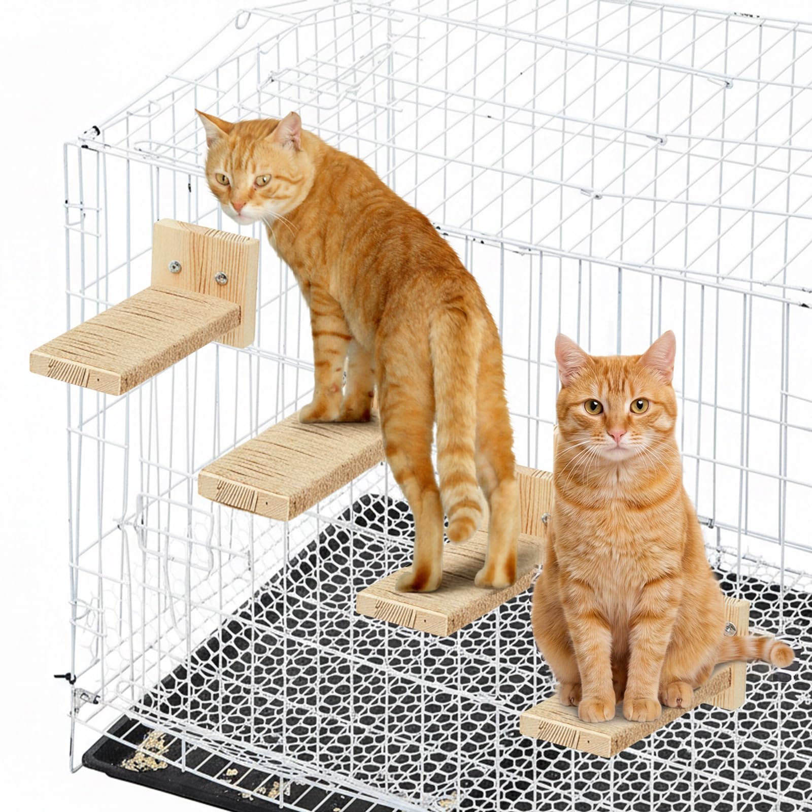 AceOrbit 4 Pcs Cat Cage Ladder Accessories Catio Indoor for Climbing Tree Steps Scratching Post Perches Sisal Hemp Shelf Wooden Ladder Furniture Inside with Install Screws (Square)