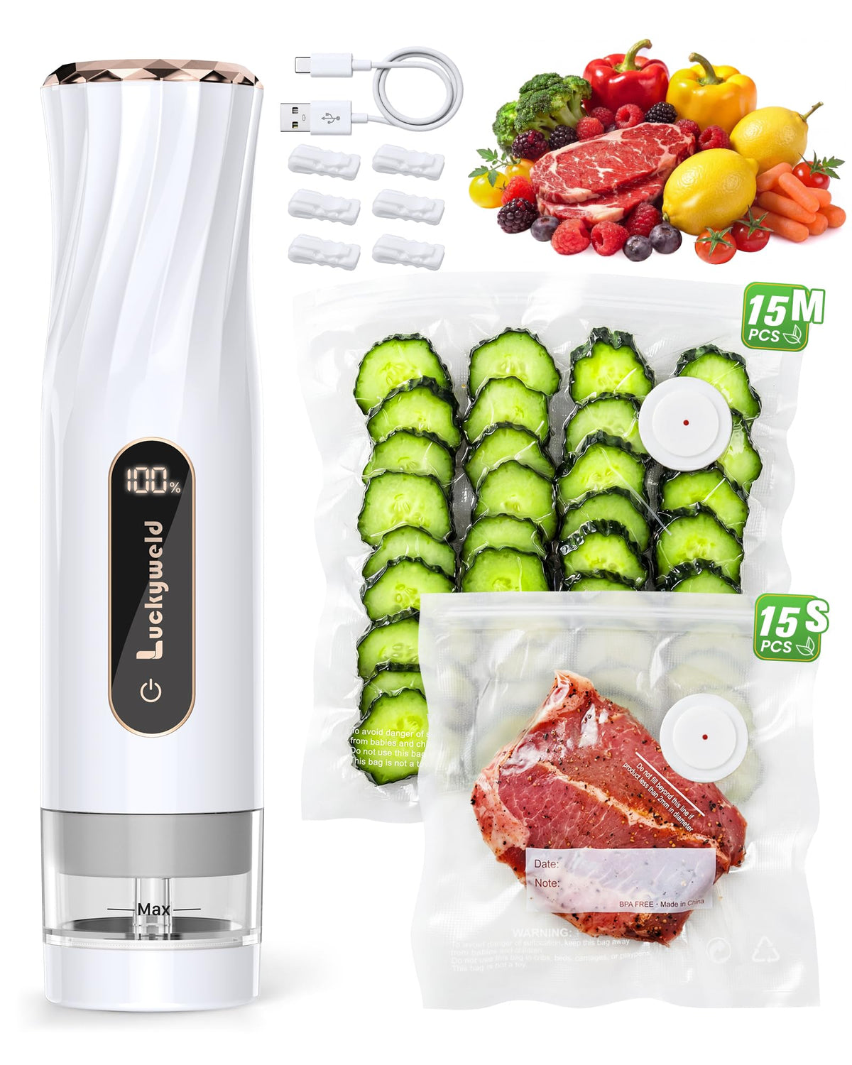Compact Vacuum Sealer for Food: Powerful Handheld Vacuum Sealer Machine & 30 Reusable Vacuum Bags, With LED Display & Detachable Water Tank, Portable Food Sealer, Seal Meal Saver