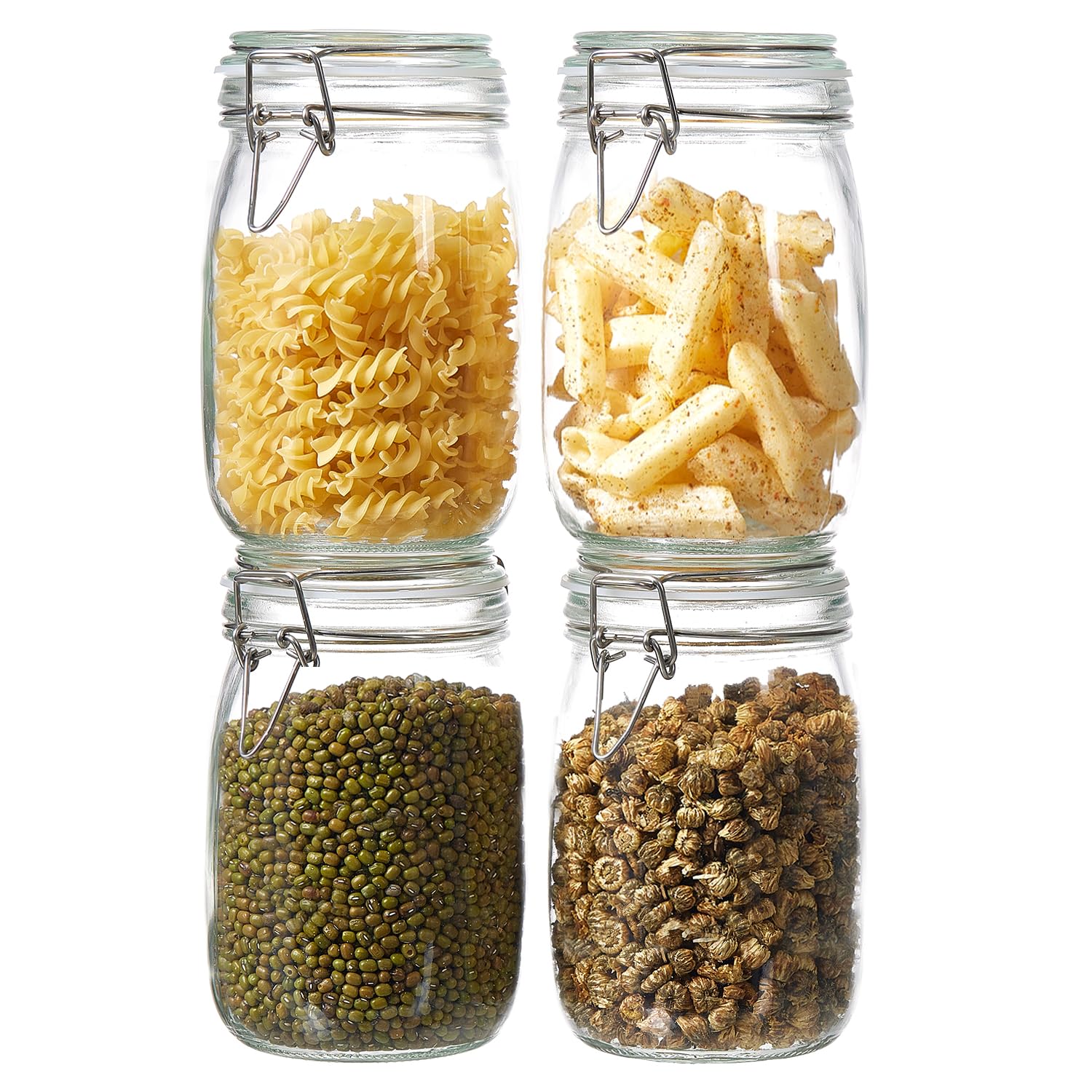 ODBCYWM 34oz Glass Food Storage Jars with Airtight Lids, Set of 4 – Clear Preserving Seal Wire Clip Fastening Canisters for Kitchen Canning, Flour, Cereal, Pasta, Sugar, Beans, Pickling Jars (34oz*4)