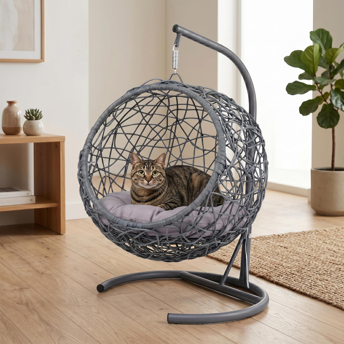 Cat Swing Bed with Stand & Cushion, Cat Egg Chair with Rattan Wicker Appearance, Indoor Hanging Swinging Cat Bed for Cats, Small Dogs, and Small Animals.Gray.